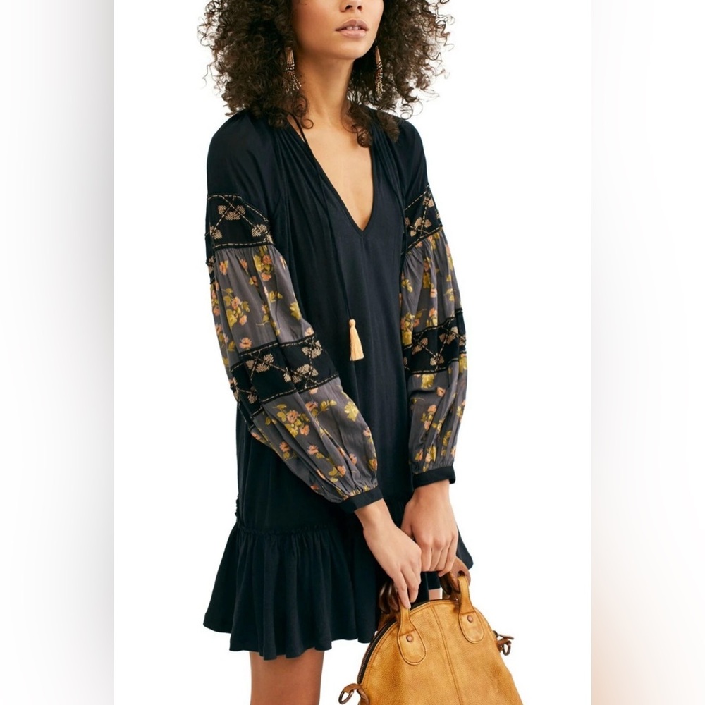 Free People Black Tunic with Floral Puff Sleeves